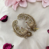 Vriksham Elegant Gold Alike AD Stone Peacock Cuff Jhumkas-Pearl-G15135